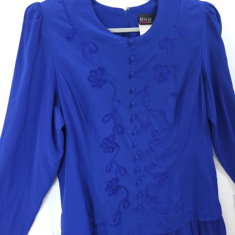 Royal Blue Embroidered Beaded‎ Dress Modest Vtg 90s Women 18 Church Mature